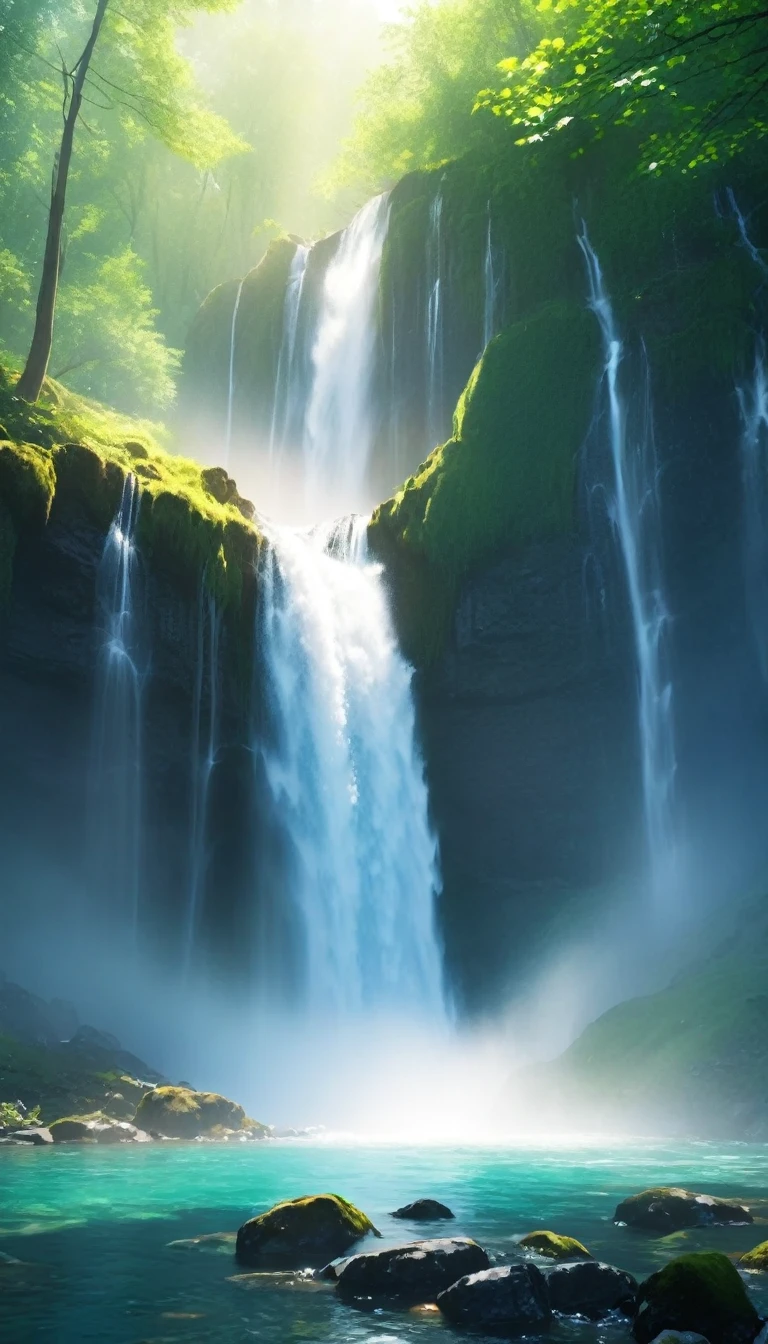 Close-up of mountain spring waterfall.Water mist flying.utopian's modern architecture and it is-like landscaping.Lotus flowers blooming in the pond, The majestic Feiquan Waterfall cascades down,crystal clear pond,rock.Soft sunlight shines through the dome, Create a cozy atmosphere, Ray Tracing, Vignette, Wide-angle lens, Ultra wide angle, best qualitycinematic lighting, Depth of Field, Outside the border, Negative Space, Mailbox Zen Aesthetics, it is, it is meditation, Soft it is Simplicity,(best quality,4K,8K,high resolution,masterpiece:1.2),Very detailed,(Practical,photoPractical,photo-Practical:1.37),Anatomically correct...