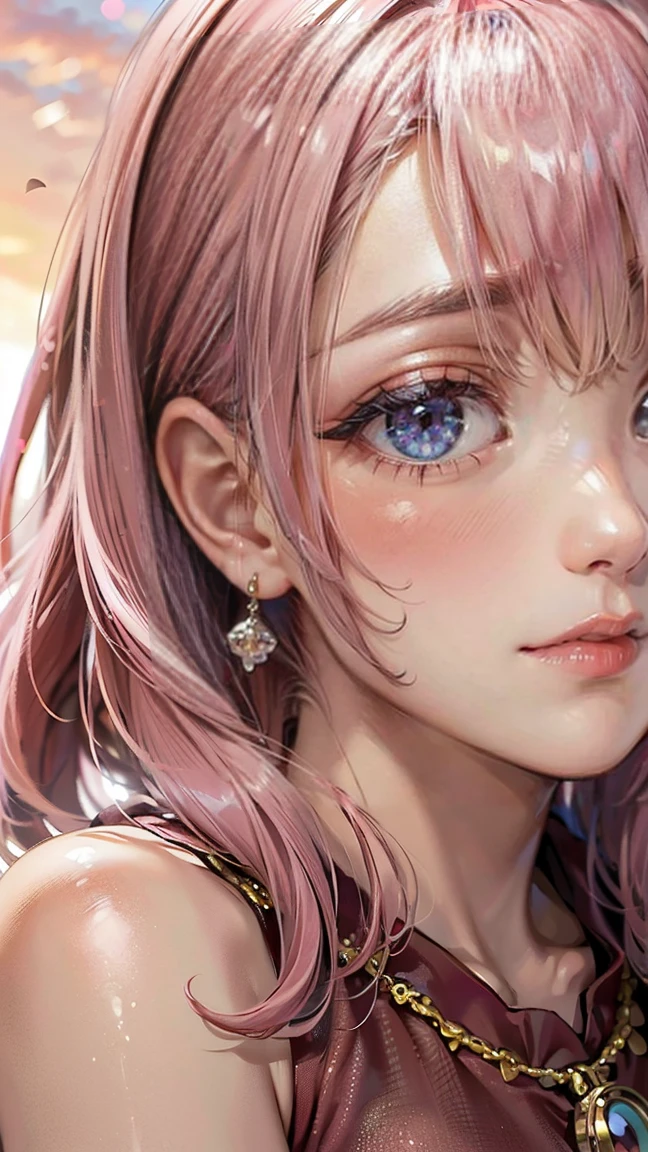(Masterpiece, BestQuality:1.3), (ultra detailed:1.2), (hyperrealistic:1.3), (RAW photo:1.2), High detail RAW color photo, professional photograph, (Photorealistic:1.4), (realistic:1.4), (Pink Hair:1.5), professional lighting, perfect ???????, (Big Breasts:1.2), (blush, detailed face), (A happy smile:1.7), Trending Hair&Trending Hairカラーをランダムに, earrings, necklace, bracelet, sexly, ?????? sexly, Random sexy gravure poses, (A woman in a red summer dress、夕日を背景に写真を撮りながらA happy smileでセクシーなポーズをとっている。Pink Hairのカールヘアが輝いている。:1.3)