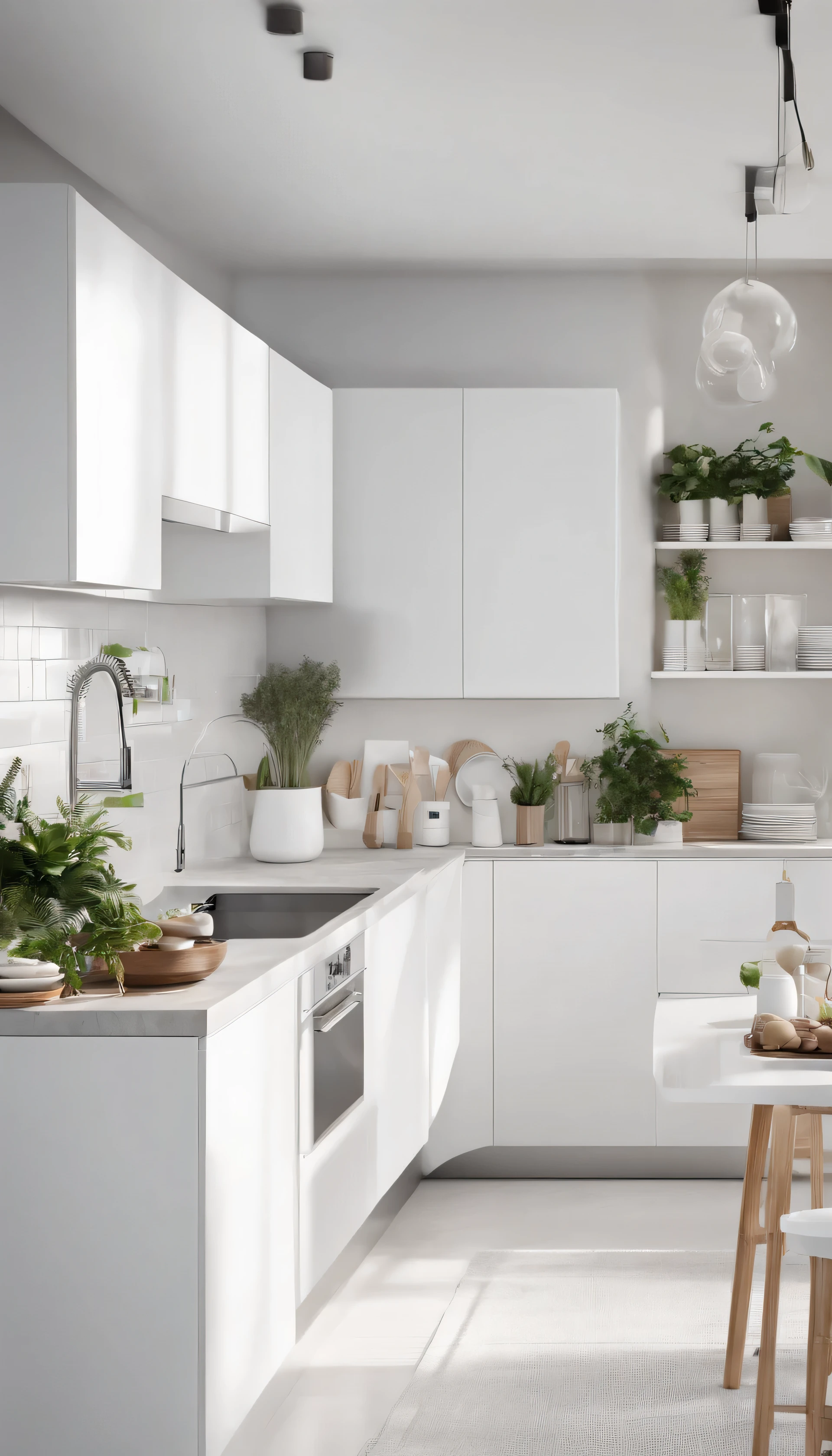 A beautifully bright and modern anime-style kitchen with an all-white color scheme. The kitchen features sleek white cabinets with shiny surfaces and a pristine white countertop. A compact dish dryer is placed next to the sink, which has a silver faucet. White blinds cover a large window, allowing soft natural light to filter in, illuminating the entire space. The backsplash consists of vertical white tiles, adding texture to the minimalist design. On the counter, there's a small, organized wooden shelf holding kitchen essentials like jars, bowls, and a potted plant for a touch of greenery. The overall ambiance is clean, calm, and highly functional, with every element meticulously arranged."