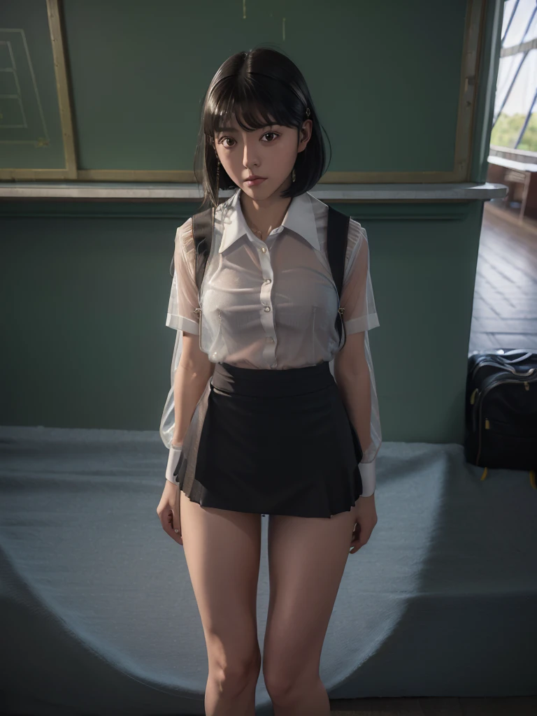 18 years old female, long hair, RAW photo, bokeh (realism: 1.4, realistic), high detail CG unified 8K wallpaper, 1girl, ((slim body: 1)), (small breasts: 1), back to viewer, ((direct view from the front)), (HQ skin: 1.4), 8k uhd, dslr, soft light, high quality, film grain, Fujifilm XT3, ((school uniform, short skirt,see through open skirt:1.5)), ((outdoor, at park))) jangjoo, portrait,((Layered short Haircut, black hire,small breast:1.2)),(looking at viewer:1.4),(full body:1.8)