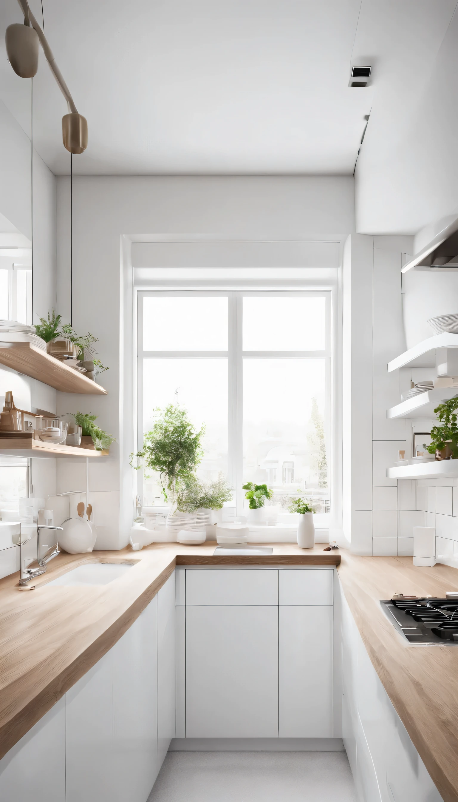 A beautifully bright and modern anime-style kitchen with an all-white color scheme. The kitchen features sleek white cabinets with shiny surfaces and a pristine white countertop. A compact dish dryer is placed next to the sink, which has a silver faucet. White blinds cover a large window, allowing soft natural light to filter in, illuminating the entire space. The backsplash consists of vertical white tiles, adding texture to the minimalist design. On the counter, there's a small, organized wooden shelf holding kitchen essentials like jars, bowls, and a potted plant for a touch of greenery. The overall ambiance is clean, calm, and highly functional, with every element meticulously arranged."