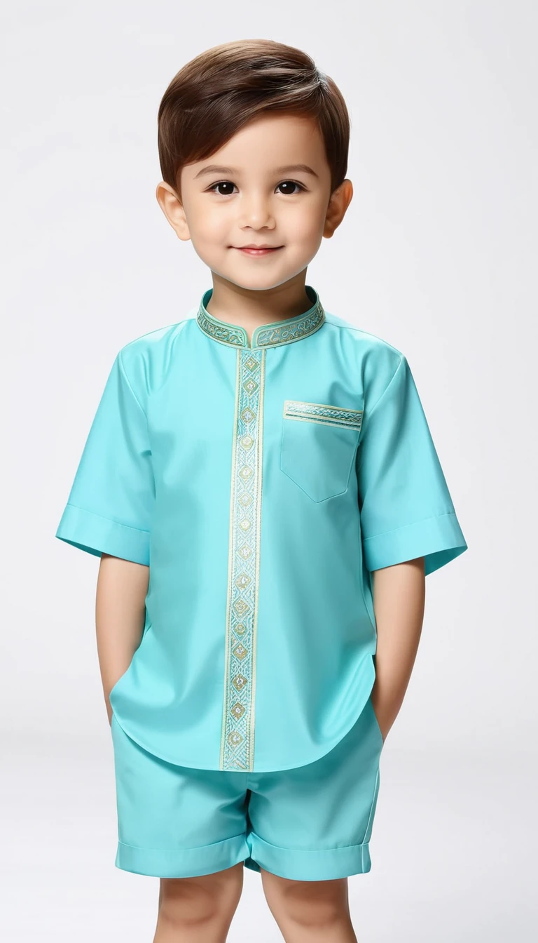 make a boy about , height 78 cm, short crew cut hair, wearing a modern, short-sleeved Muslim children's outfit with a grayish cream color and wearing white shoes, full body, Indonesian children, portrait view