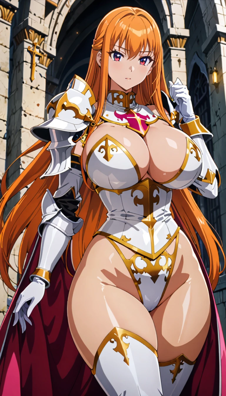 ((masterpiece)), ((high quality)), ((super detailed)), ((high resolution)) ,((8k)), a beautiful woman, ((She is one of the most famous female holy knight)), unparalleled beauty, ((huge breast)), ((large ass)), ((deep cleavage)), slim waist, chest out, ultra detailed face, perfect skin, (((long orange straight hair))), red eyes, detailed eyes, whole body image, (((anime))), ((glamorous)), 21 years old, ((incredibly beautiful woman)), ((The I cup bust)), ((((bikini armor)))), ((beautiful breasts)), beautiful legs, 8 life size, anime, the most beautiful and strongest, ((charm)), ((Grown-up face)), ((Perfect fingers)), ((Bewitching)), ((A young heroine)), ((((from below)))),