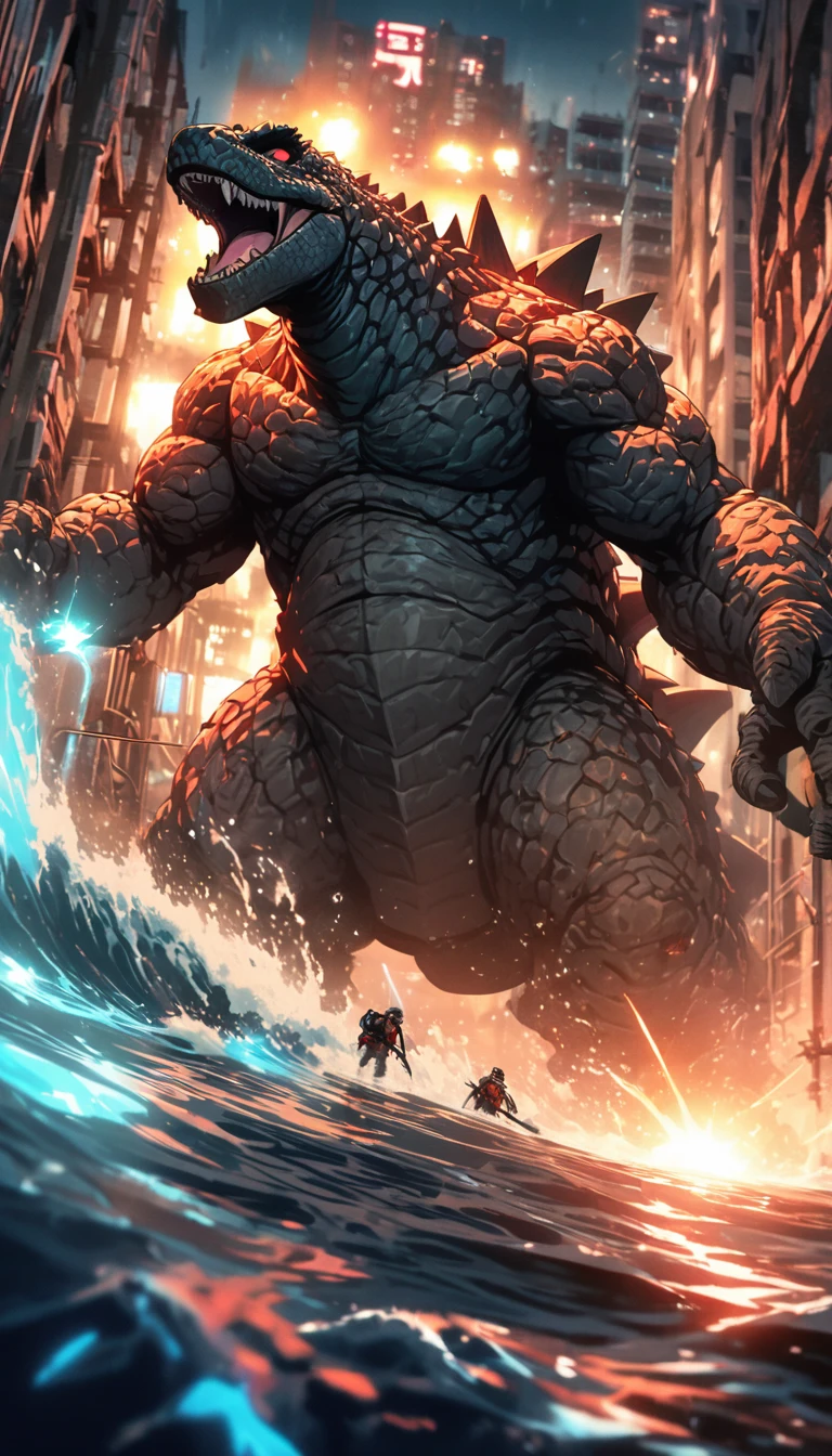 Flat coating，Vector illustration，Rich details，Angry super giant Godzilla in the city looking down at the city below，（（（The dorsal fin is filled with blue energy））），（（glow effect）），Huge waves hit the city，explode，Red light soars into the sky，Broken and collapsed building，standing water，stone，exposed steel bars，electric spark，Aerial viewing angle，colorful，Rescue helicopters，depth of field，Movie lighting，Super fine