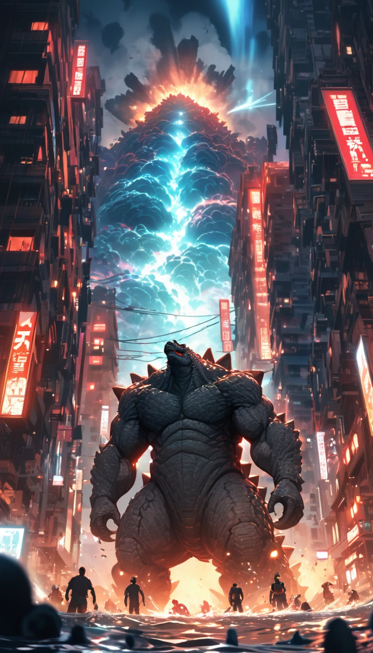 Flat coating，Vector illustration，Rich details，Angry super giant Godzilla in the city looking down at the city below，（（（The dorsal fin is filled with blue energy））），（（glow effect）），Huge waves hit the city，explode，Red light soars into the sky，Broken and collapsed building，standing water，stone，exposed steel bars，electric spark，Aerial viewing angle，colorful，Rescue helicopters，depth of field，Movie lighting，Super fine