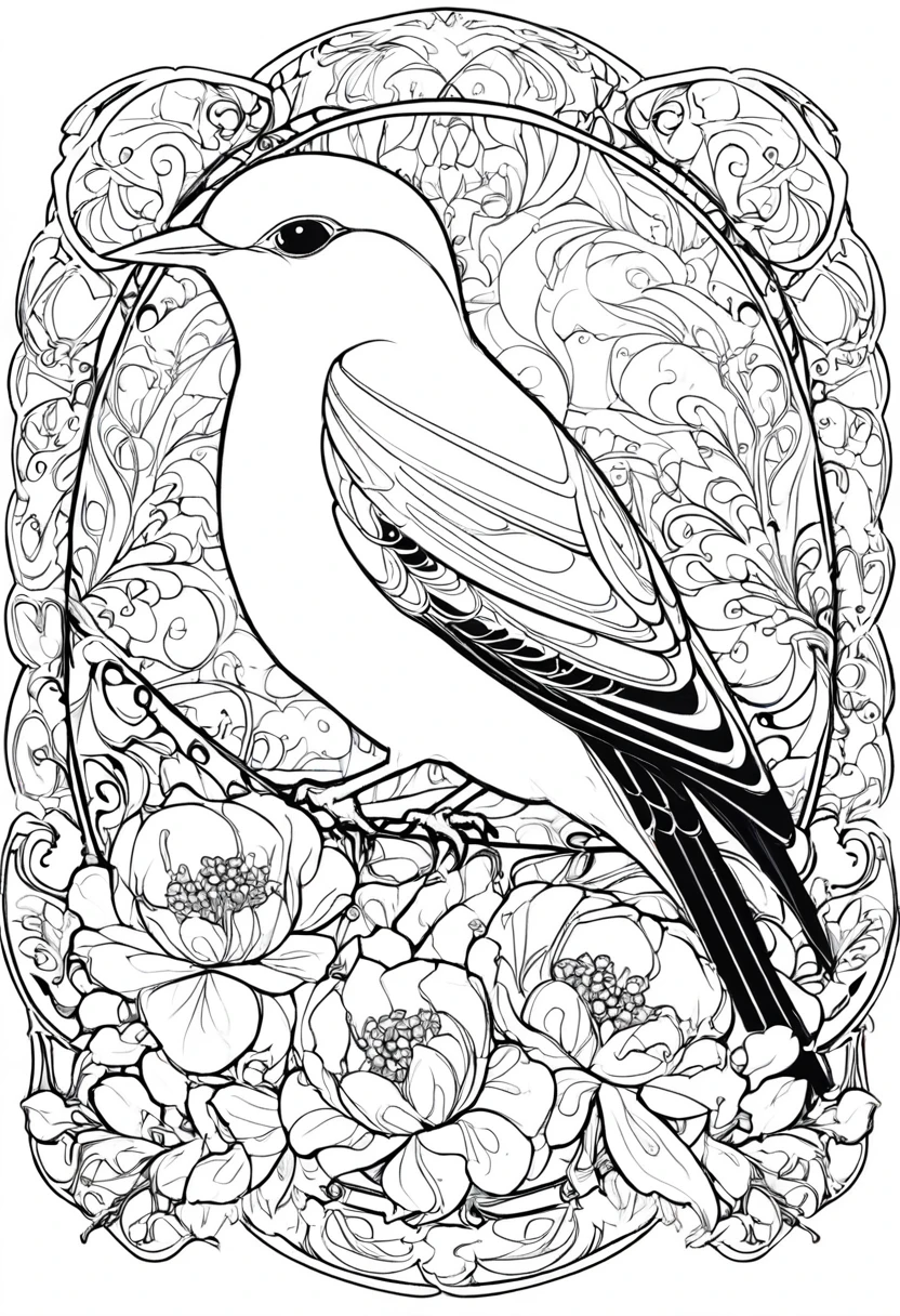 white and black bird with a white background, ploynesian, garden, art for coloring book page, full white background, only use outline, line art, clean line art, mandala for coloring with nature ornaments, simple and clean line art, adorned in Art Nouveau style, with a stroke of Alfons Mucha's brush, perfect details, real