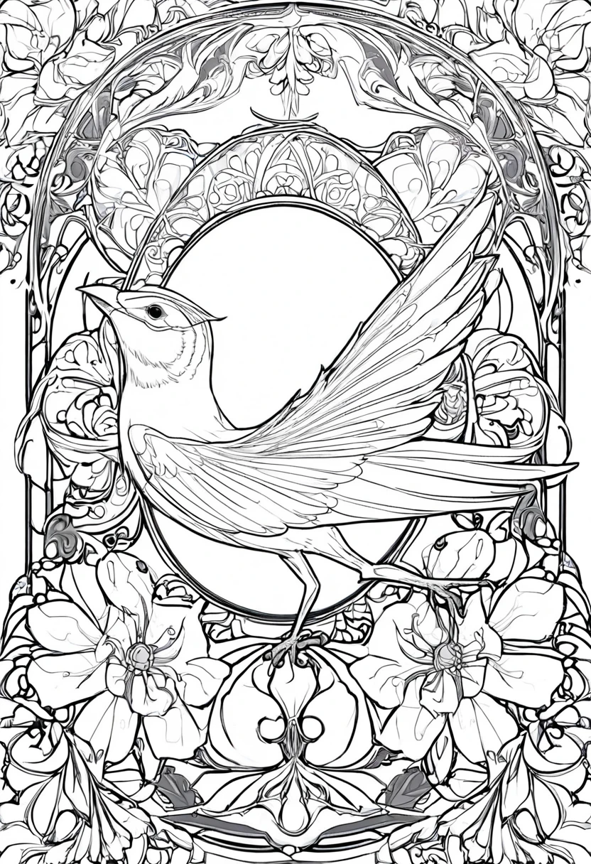 white and black bird with a white background, ploynesian, garden, art for coloring book page, full white background, only use outline, line art, clean line art, mandala for coloring with nature ornaments, simple and clean line art, adorned in Art Nouveau style, with a stroke of Alfons Mucha's brush, perfect details, real