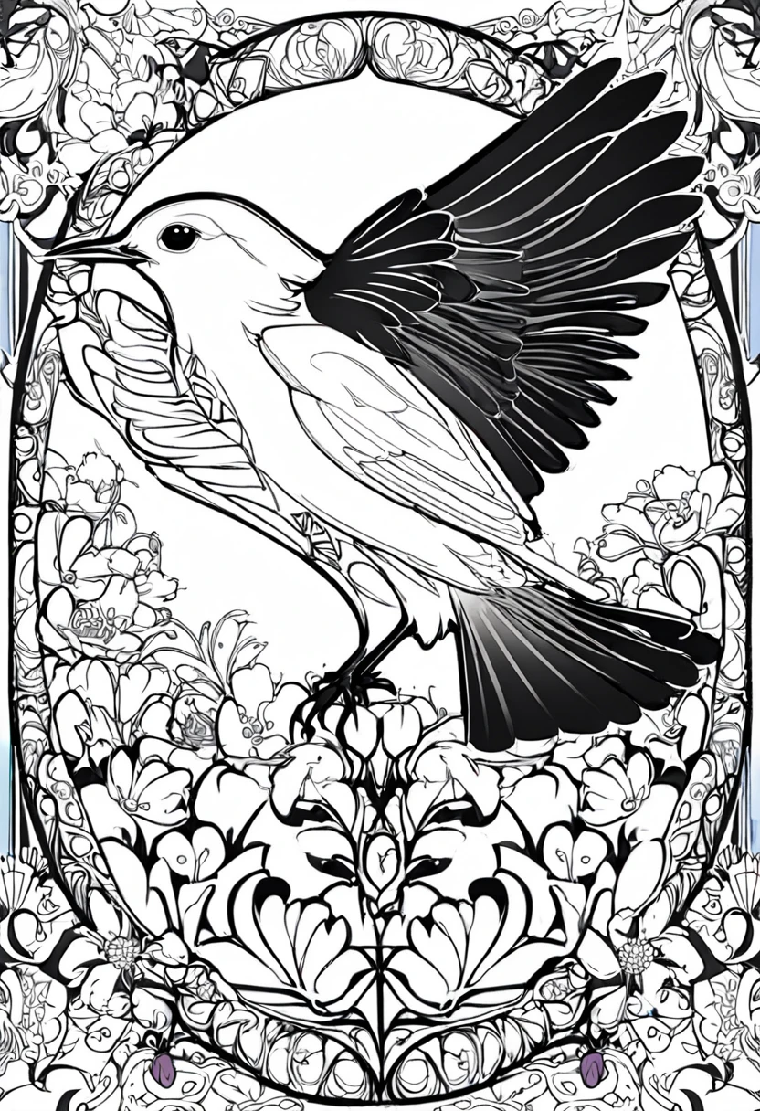 white and black bird with a white background, ploynesian, garden, art for coloring book page, full white background, only use outline, line art, clean line art, mandala for coloring with nature ornaments, simple and clean line art, adorned in Art Nouveau style, with a stroke of Alfons Mucha's brush, perfect details, real