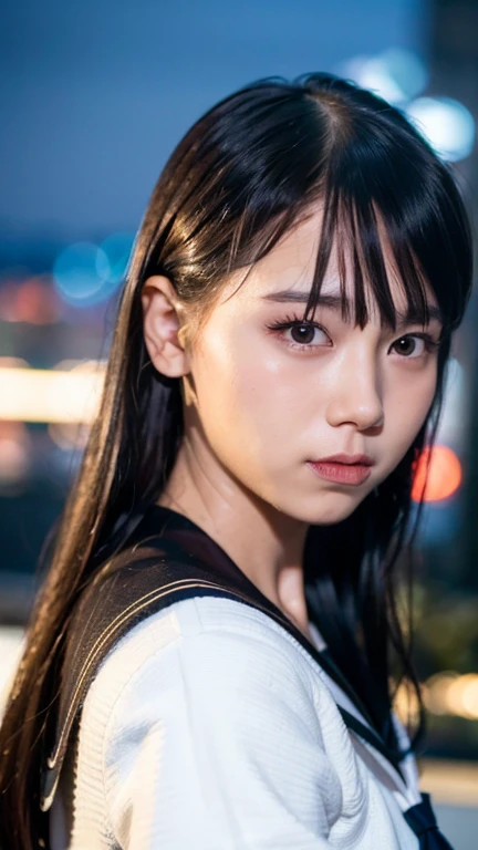 best quality, ultra high res, (photorealistic:1.4), 1girl, the girl wearing black sailor uniform, night, city scape background, city light, cinematic lighting, 80s filter, zoom to face, detailed face , looking at viewer, front view