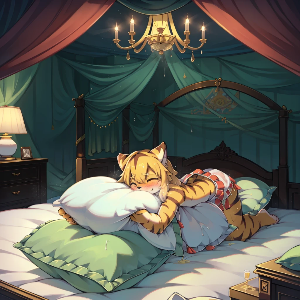(masterpiece,best quality),my own, The Beast, , (适合任何Pillow背景的光影)), 穿着pajamas可爱女孩在Pillow上摆姿势 ,pajamas,,(很多Pillow),Soft cushion,,,(Pillow损坏),很多Pillow,(Crotch rubbing),((Pillow驼峰)),(Pillow),(A tail),,(充满细节的Pillow),(Love around the protagonist),Steam,,(Pillow),(palace),(Palace bedroom),(Pillow),柔软的Pillow,,(Classical European style bedroom ),(excited,shy person,Lack of expressiveness,),,pillow humping,my,tiger tail,tiger ears,Tiger pattern,,Sweat,,Sweaty,(Body swing,身体Shaking lines,Shaking lines),best quality, masterpiece, ((Maximum resolution)), artwork, ,,,(Interior of the palace),,(Deluxe Rococo Canopy King Bed),On a big and spacious bed,(the 女孩 is lying on the bed),,,,Luxurious curtains with ornate ruffles and ribbons surround the bed,((((There are many pillows piled on the bed)))),Detail of Quilt,Detailed bed sheets,Ruffled Bed Skirt,Deep Bed,Background with depth,((详细的Pillow)), ((((大量的Pillow)))),peeing,squatting,water,Urine,Shaking lines,wetting pillows,Flowing liquid,Violent body shaking,剧烈Shaking lines,详细的软Pillow,,((女孩正躺在许多柔软的Pillow上,周围有许多Pillow)),Splashed liquid,Pillow和床上有水迹,Lots of urine,Lots of liquids,Urine everywhere,大量Sweaty