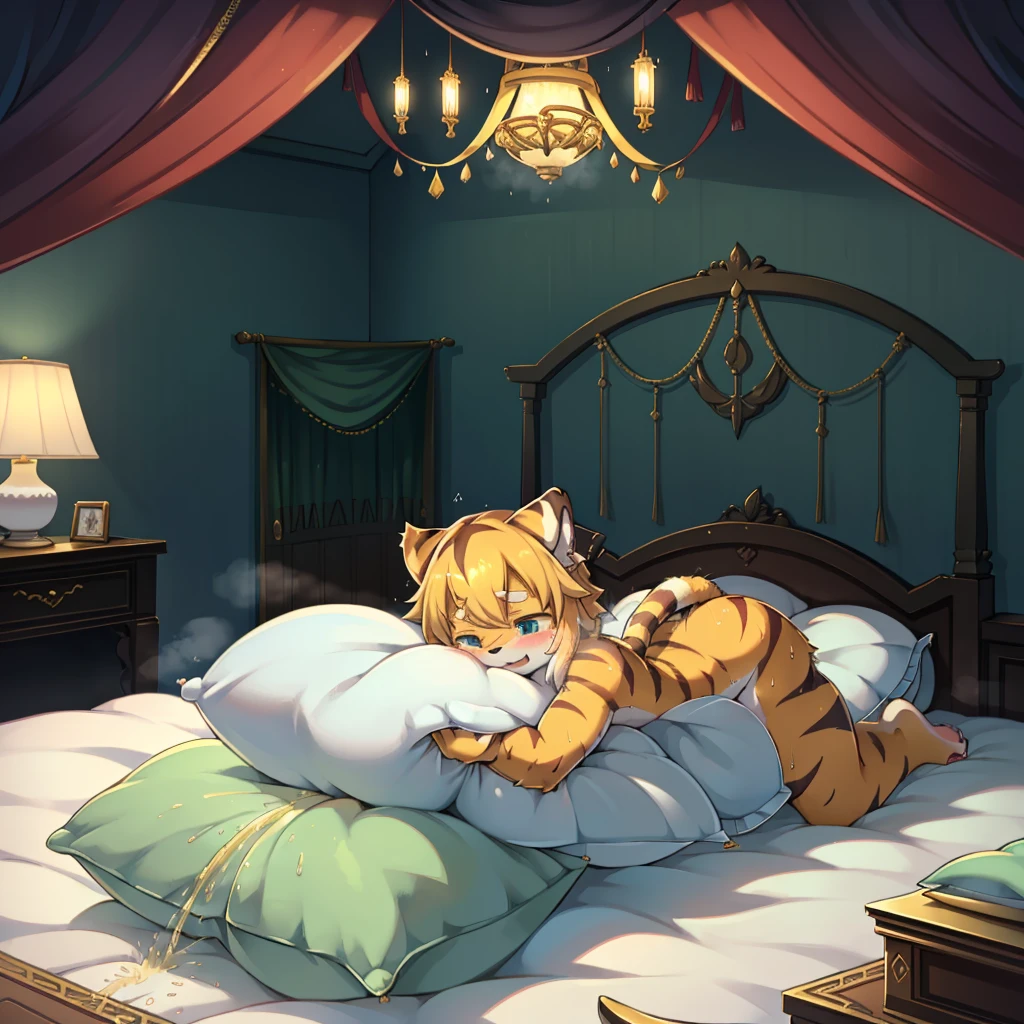 (masterpiece,best quality),my own, The Beast, , (适合任何Pillow背景的光影)), 穿着pajamas可爱女孩在Pillow上摆姿势 ,pajamas,,(很多Pillow),Soft cushion,,,(Pillow损坏),很多Pillow,(Crotch rubbing),((Pillow驼峰)),(Pillow),(A tail),,(充满细节的Pillow),(Love around the protagonist),Steam,,(Pillow),(palace),(Palace bedroom),(Pillow),柔软的Pillow,,(Classical European style bedroom ),(excited,shy person,Lack of expressiveness,),,pillow humping,my,tiger tail,tiger ears,Tiger pattern,,Sweat,,Sweaty,(Body swing,身体Shaking lines,Shaking lines),best quality, masterpiece, ((Maximum resolution)), artwork, ,,,(Interior of the palace),,(Deluxe Rococo Canopy King Bed),On a big and spacious bed,(the 女孩 is lying on the bed),,,,Luxurious curtains with ornate ruffles and ribbons surround the bed,((((There are many pillows piled on the bed)))),Detail of Quilt,Detailed bed sheets,Ruffled Bed Skirt,Deep Bed,Background with depth,((详细的Pillow)), ((((大量的Pillow)))),peeing,squatting,water,Urine,Shaking lines,wetting pillows,Flowing liquid,Violent body shaking,剧烈Shaking lines,详细的软Pillow,,((女孩正躺在许多柔软的Pillow上,周围有许多Pillow)),Splashed liquid,Pillow和床上有水迹,Lots of urine,Lots of liquids,Urine everywhere,大量Sweaty