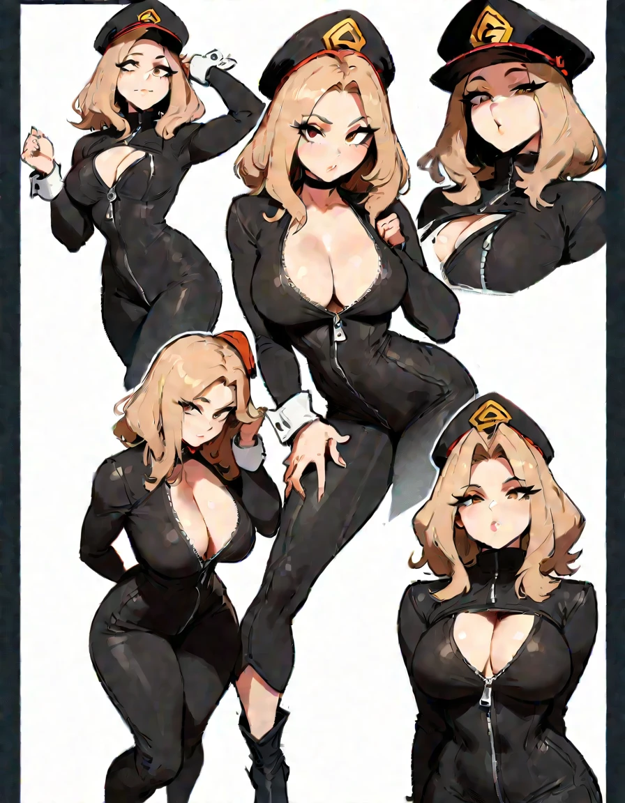1girl, utsushimi kemii, boku no hero academia \\\\\ masterpiece, best quality, very aesthetic, absurdres, newest \\\\\\ slim body,///// ,by nyantcha,cutesexyrobutts , by khyle,,////// beautiful face, light brown hair ,plump and glossy lips, . , looking at viewer, close-up, dark brown eyes,, cap, black catsuit with a zipper running down the middle, left slightly down to reveal her cleavage. She wears white cuffs around her wrists,,standing, white background, character concept art