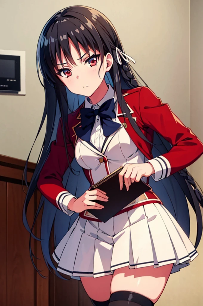 (masterpiece:1.3), (best quality:1.1), (8k, ultra detailed, ultra high res:1.2), ((anime style)), perfect 5 fingers, perfect anatomy, 1girl, 
BREAK long hair, braid, black hair, red eyes, (focus detailed eyes:1.2), blue bow, BREAK [medium breasts], red jacket, long sleeves, white skirt, pleated skirt, black thigh-high socks, looking at viewer, cowboy shot, BREAK straddling a chair, on the chair, in the room, 