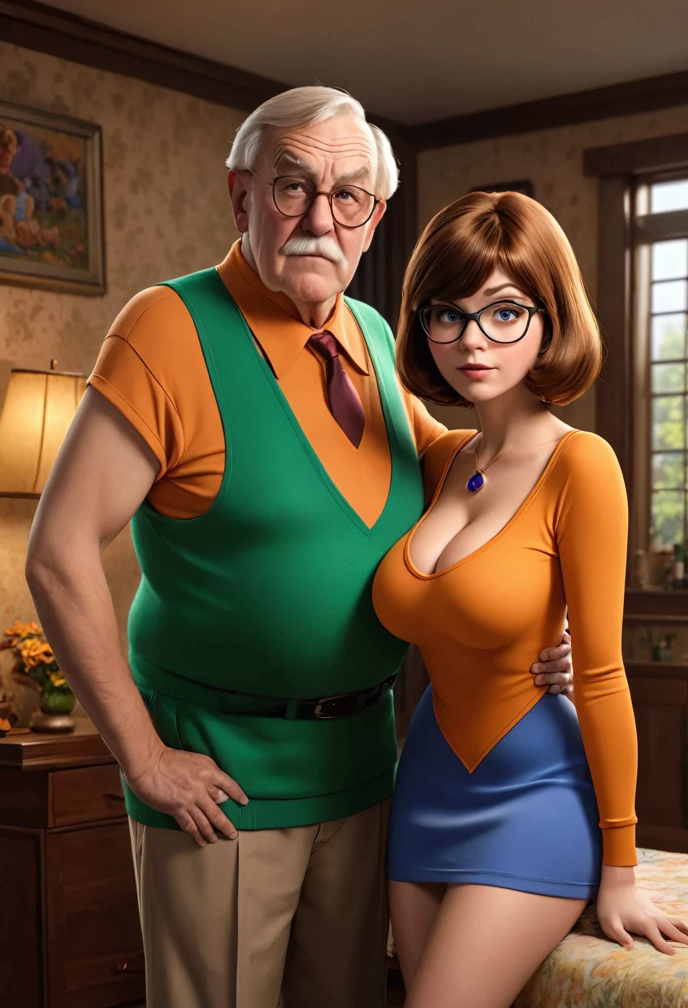 Dexter's mom, mom and son, defined face, defined eyes, full lips, thin upturned nose, orgasmic expression, defined figure, thick legs, thin waist, huge breasts, detailed delicate hands, much more voluptuous, more muscular, much more lascivious, very nymphomaniac, Doggy style, sexo glory hole blowjob en el cuarto del hijo