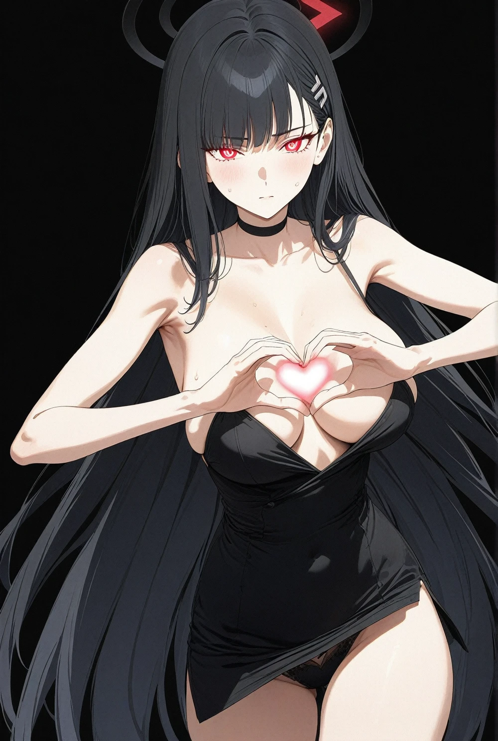 best quality, amazing quality, very aesthetic, absurdres, 1girl, rio (blue archive), blue archive, solo, red eyes, black hair, strapless, (artist official art:1.5), (realistic face), (narrowed eyes), (cowboy shot), (concept art), panties, (thigh, heart hands, glowing eyes:1.4), expressive eyes, perfect face, 4k, extremely detailed anime illustration, extremely detailed eyes, enhanced details, perfect anatomy, extremely delicate body, smooth skin, feminine expression, (black background:1.5), cristal clear eyes, beautiful face, big breasts
