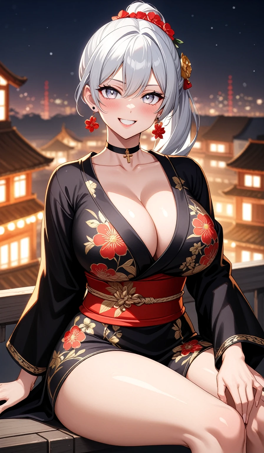 ((One personの女性)), Beautiful Face,Laughing embarrassedly,((Wink:1.7)), ((Sit and cross your legs:1.4)), stylish pose, Laugh with your mouth wide open,((Bright red cheeks:1.4)),Shiny red lips,night,rooftop,port,firework,Laughing with your mouth open,Lighting on the face,((Anime style background)),masterpiece, Highest quality, so beautiful,Latest, Complex details, (Pink long nails), (ring),(bracelet),(choker),AI-generated, Complex,High resolution, Highest quality, super high quality,3D Images、3D Images,One person,Long white hair,High Ponytail,((blue eyes)),写真のポーズをとるAnime Women, ((Fine grain、Silvery white eyes、Shining Eyes:1.4)),(Squint your eyes:1.1),a hyperRealistic , hyperRealistic , Realistic,Anime Women,Smooth anime CG art, A woman in a colorful kimono with gold embroidery, (Black long sleeve kimono),Red floral pattern,Long flower hair ornament,Floral Earrings,Mature Body,(Big Breasts:1.1),Tall,Abdominal muscles,Tight waist,(Zoom up to face:1.4), (from side),