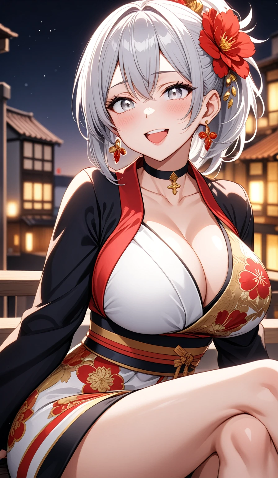 ((One personの女性)), Beautiful Face,Laughing embarrassedly,((Wink:1.7)), ((Sit and cross your legs:1.4)), stylish pose, Laugh with your mouth wide open,((Bright red cheeks:1.4)),Shiny red lips,night,rooftop,port,firework,Laughing with your mouth open,Lighting on the face,((Anime style background)),masterpiece, Highest quality, so beautiful,Latest, Complex details, (Pink long nails), (ring),(bracelet),(choker),AI-generated, Complex,High resolution, Highest quality, super high quality,3D Images、3D Images,One person,Long white hair,High Ponytail,((blue eyes)),写真のポーズをとるAnime Women, ((Fine grain、Silvery white eyes、Shining Eyes:1.4)),(Squint your eyes:1.1),a hyperRealistic , hyperRealistic , Realistic,Anime Women,Smooth anime CG art, A woman in a colorful kimono with gold embroidery, (Black long sleeve kimono),Red floral pattern,Long flower hair ornament,Floral Earrings,Mature Body,(Big Breasts:1.1),Tall,Abdominal muscles,Tight waist,(Zoom up to face:1.4), (from side),
