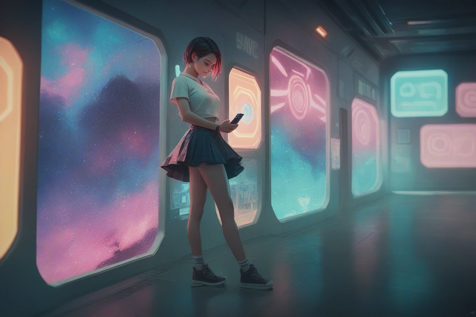 Girl in a skirt, in neon space, 3D wallpaper 4K for phone.