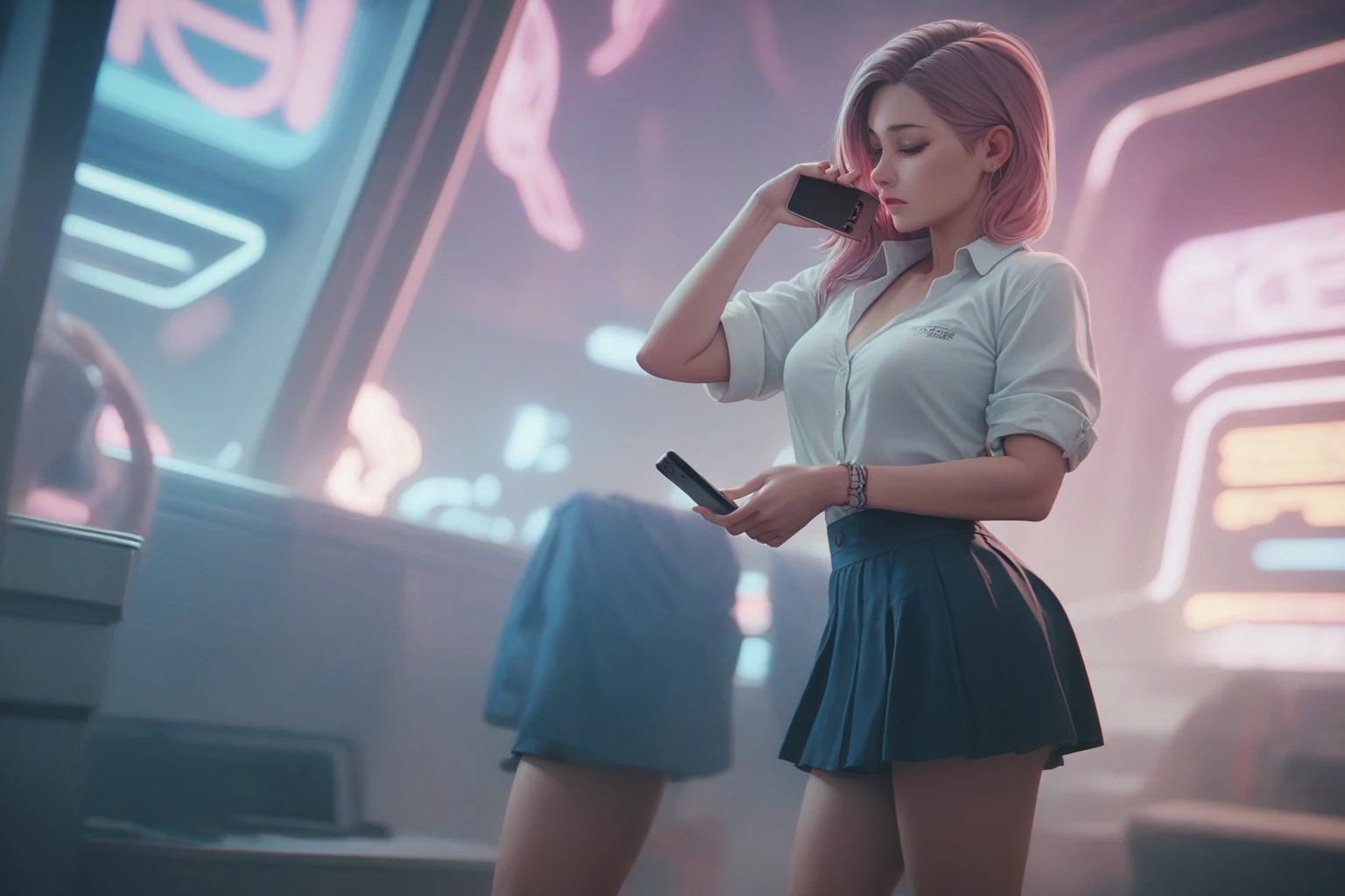 Girl in a skirt, in neon space, 3D wallpaper 4K for phone.