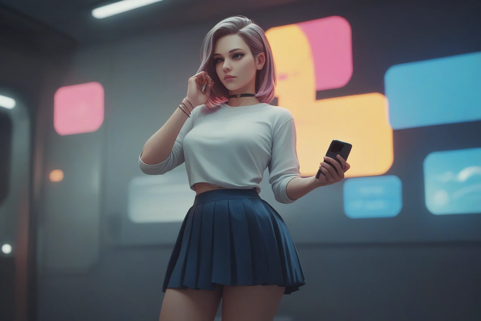 Girl in a skirt, in neon space, 3D wallpaper 4K for phone.
