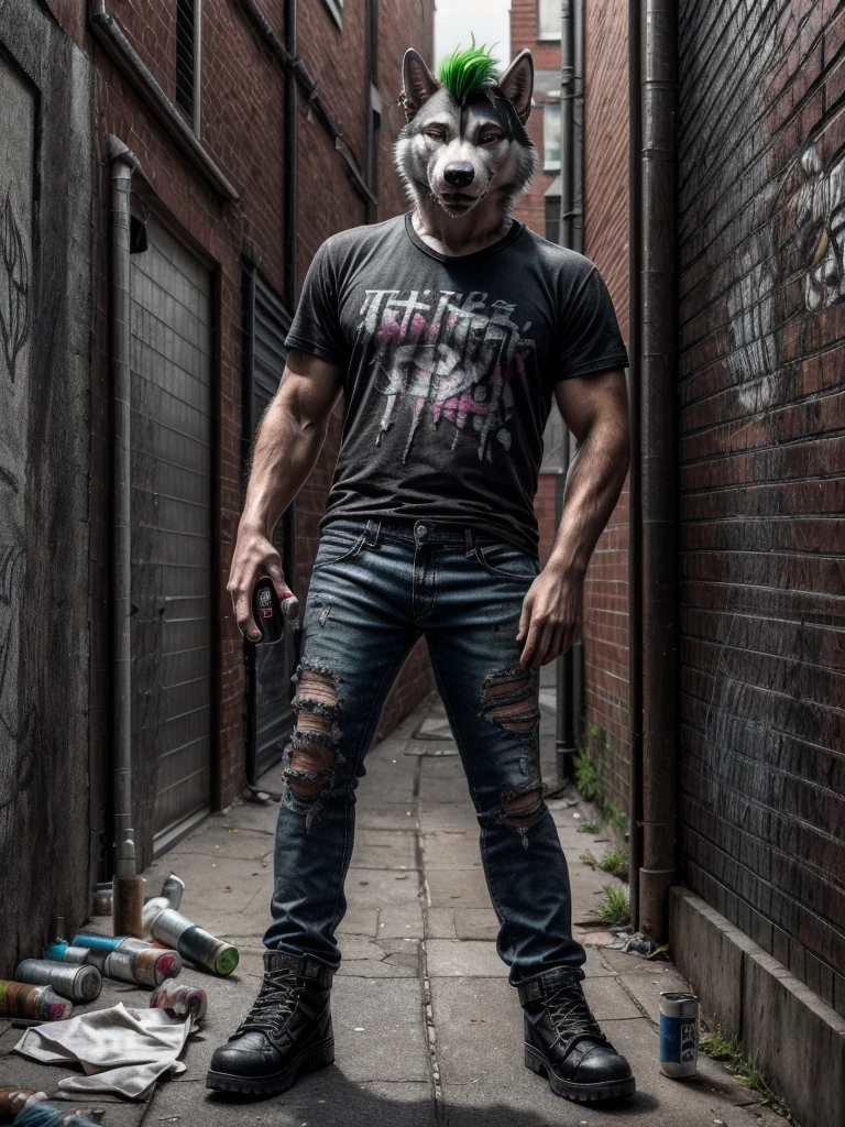 a male wolf husky mix with green mohawk,green eyes,snake bite piercings on bottom lip to eyebrow piercings on right side,gauge piercings in each ear,white face framed with black fur,wearing ripped up band t-shirt and black skinny jeans,looking over shoulder holding spray paint can,in alleyway with brick walls covered in graffiti,(best quality,4k,8k,highres,masterpiece:1.2),ultra-detailed,(realistic,photorealistic,photo-realistic:1.37),hyperrealistic,extremely detailed,cinematic lighting,dramatic shadows,vivid colors,gritty urban environment,street art,punk rock aesthetic