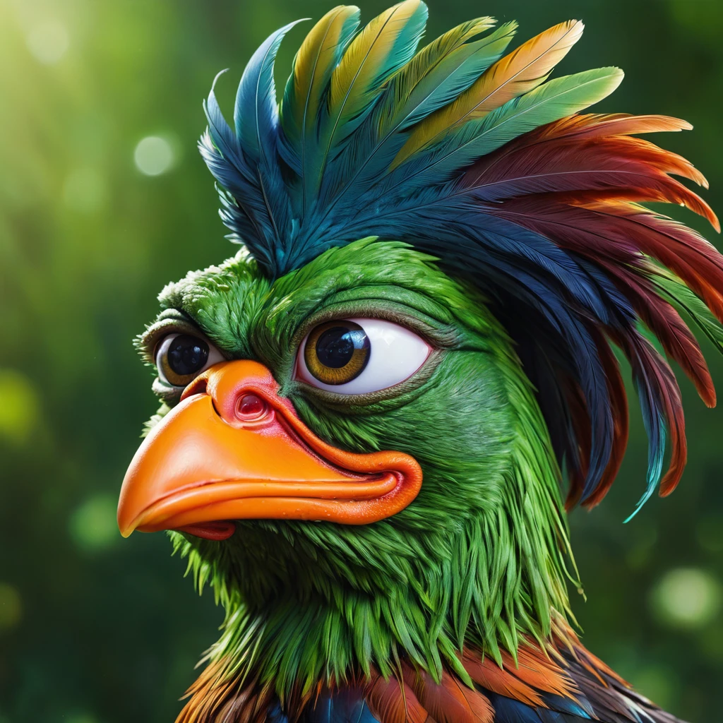 a pepe the frog inspired rooster, detailed character portrait, intricate feathers, vibrant colors, (best quality,4k,8k,highres,masterpiece:1.2),ultra-detailed,(realistic,photorealistic,photo-realistic:1.37),digital painting, dynamic pose, whimsical expression, anthropomorphic, large eyes, sharp beak, vibrant green skin, detailed texture, surreal background, glowing lighting, magical realism