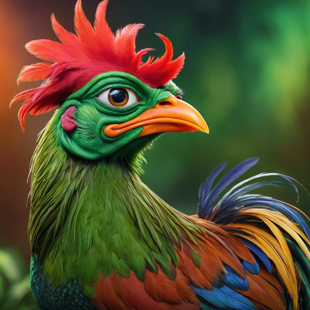 a pepe the frog inspired rooster, detailed character portrait, intricate feathers, vibrant colors, (best quality,4k,8k,highres,masterpiece:1.2),ultra-detailed,(realistic,photorealistic,photo-realistic:1.37),digital painting, dynamic pose, whimsical expression, anthropomorphic, large eyes, sharp beak, vibrant green skin, detailed texture, surreal background, glowing lighting, magical realism