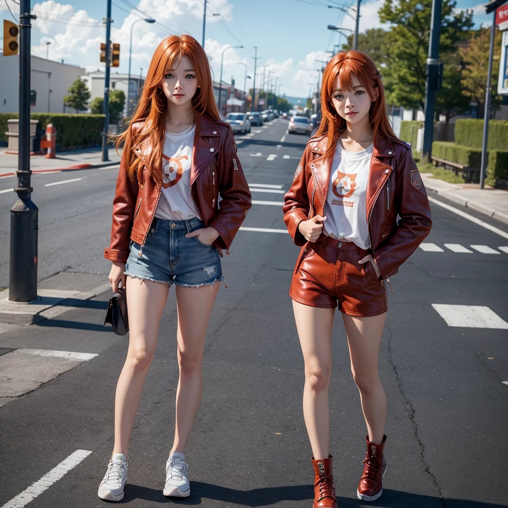 SVIP Limited Time 20% Off Try now SeaArt Bot Txt2Img Default 17:58:17 Elementary school girl,smile,Best Quality,8K,Highest quality,cute,fluffy,Angel,Long Hair,leather jacket,blue eyes,美しいcute女の子,Horny girl,Two Girls,Hands in pockets,Red leather shorts,Orange hair color,Latest Fashion,Girl, girl,
