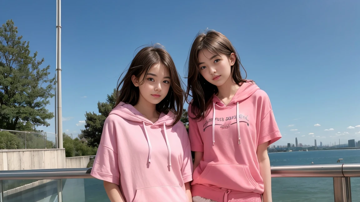 deux femmes ensemble de 18 ans sexy et mince , pink short sleeve hoodie , jambe visible , se touche,salle de classe,position sensuel
