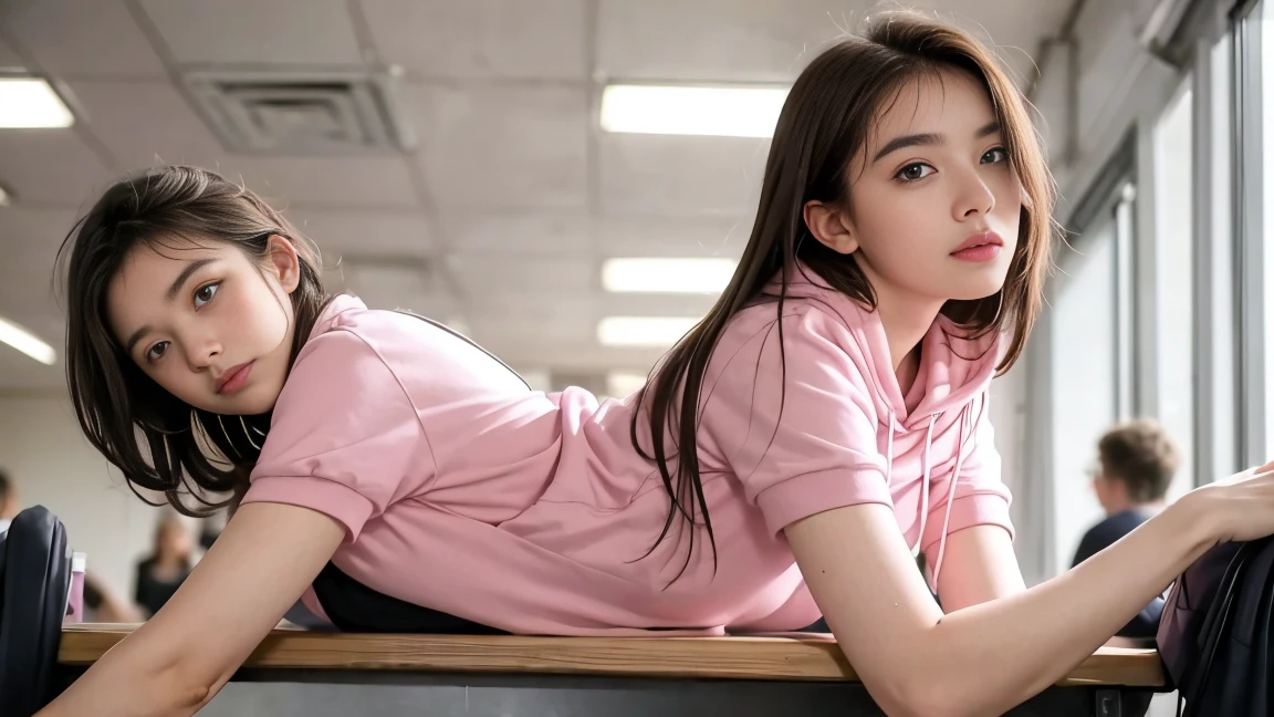 deux femmes ensemble de 18 ans sexy et mince , pink short sleeve hoodie , salle de classe, se touche,position sey,sensuel