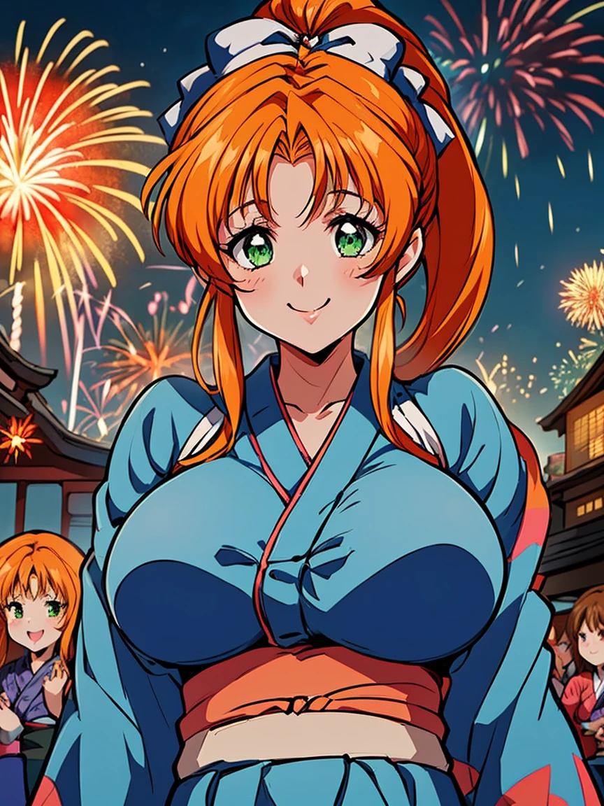 アニメ,アニメ style,high resolution、high quality、masterpiece、4K,8K,(yukata:1.5),(huge breasts),(fukawa_miku, green eyes, orange hair, long hair, ponytail, green bow,happy smile),(shrine、firework、Night view、crowd、looking at viewer:1.4)