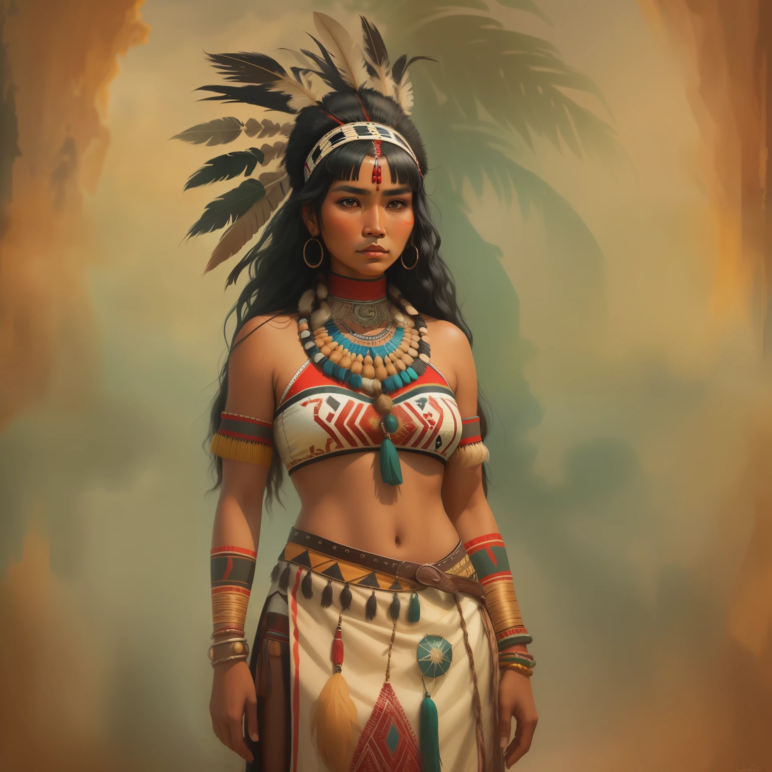 A beautiful indigenous woman, who is barely clothed, long black curly hair with bangs, pretty face, highly detailed image, Symmetry, fantasy art