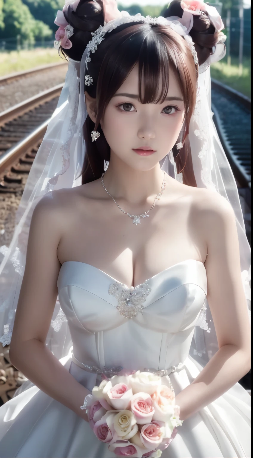 (((Pixel Perfect, Perfect details))), Solitary, 1 girl,bride, Yuigahama Yui, Keep your mouth shut,pink glossy lips,穿著bride禮服的特写,Gulwitz, (((bride頭紗))),(Transparent short veil),blush,Eyeshadow,Blushing face,Flower head,headgear,((Bouquet)),((((tube top wedding dress)))),(((Strapless Wedding Dress))),(Bare shoulders),Pure white dress,(((necklace))),((earrings)),(large breasts:1.3),Bangs,Lipstick,((White long elbow gloves)),Half-length photo,High Detail RAW Color Art,White long skirt,There is a railway track next to it,(standing on the railroad tracks:1.3),18 years old, (Long twin tails:1.5),(Double bun:1.5), night,Rainy Day