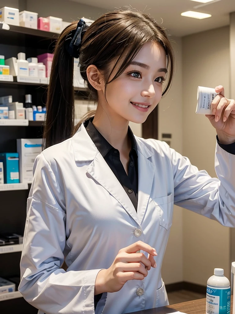 (Highest quality), (masterpiece), 1girl, pharmacist, Dispensing, Dispensing Room, smile, Hair tied in a ponytail