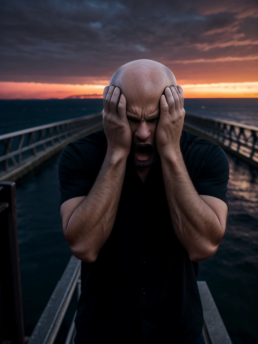 (8K, photo, ultra realistic photo), 1 man, bald, dressed all in black, (both hands covering ears:1.5), (screaming:1.5), (eyes opened: 1.5), terrified, on a bridge over the sea, in-depth view of the bridge, (under a blood-red sky:1.2). background: two shadows in the distance, staggering against the railing of a bridge, bridge overlooking the sea roiling as if in spasm, dark blue mountains contrasting with the fiery red sky