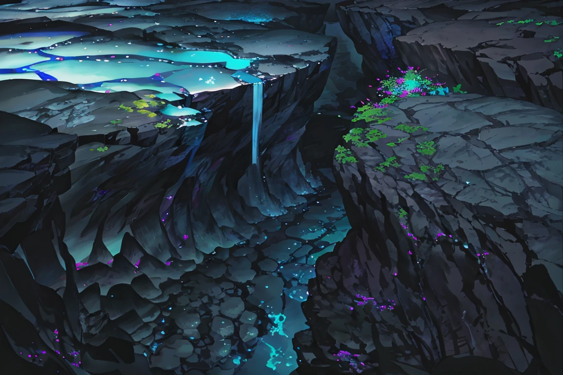 summer, blue lava rock area, blue lava rock formation, (illustration : 1.0), Narrative composition, realistic lighting, HD detail, masterpiece, best quality best, (Highly detailed CG integrated 8k wallpaper), wide and flat rocky area, A small, sharp, rough rock at the top of the screen., Blue liquid flowing through a crevice in the rock,