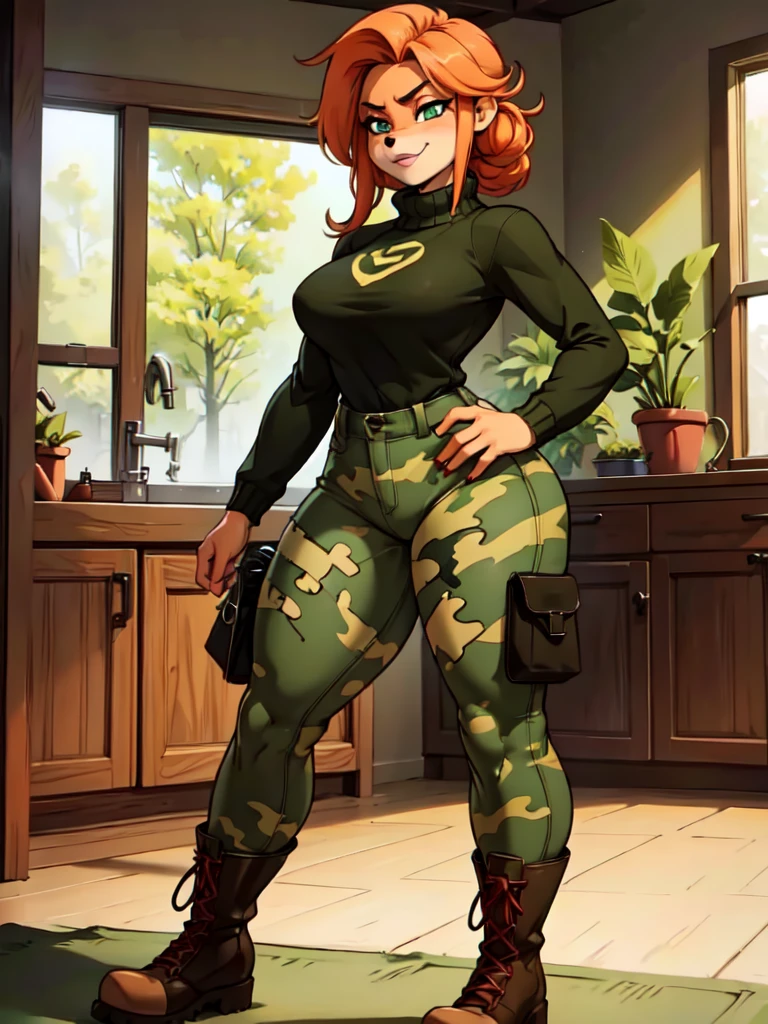 sancy anthro bandicoot girls redhead, braided hair, beautiful green eyes, sexy ,seductive, warm sweater, camouflage pants, army boots, smirking, cozy lighting, vibrant colors ,girls anthro , sweater, camouflage pants, army boots,