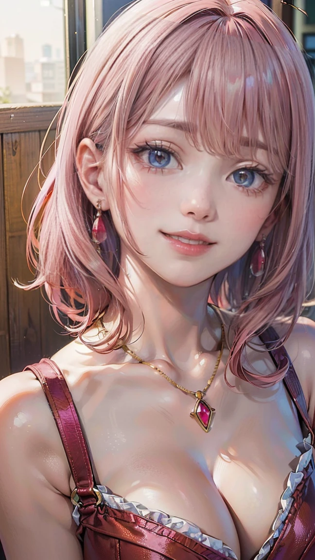 (Masterpiece, BestQuality:1.3), (ultra detailed:1.2), (hyperrealistic:1.3), (RAW photo:1.2), High detail RAW color photo, professional photograph, (Photorealistic:1.4), (realistic:1.4), (Pink Hair:1.5), professional lighting, perfect anatomy, (Big Breasts:1.2), (blush, detailed face), (A happy smile:1.7), Trending Hair&Trending Hairカラーをランダムに, earrings, necklace, bracelet, sexly, erotic sexly, Random sexy gravure poses, (A woman in a red summer dress、夕日を背景に写真を撮りながらA happy smileでセクシーなポーズをとっている。Pink Hairのカールヘアが輝いている。:1.3)