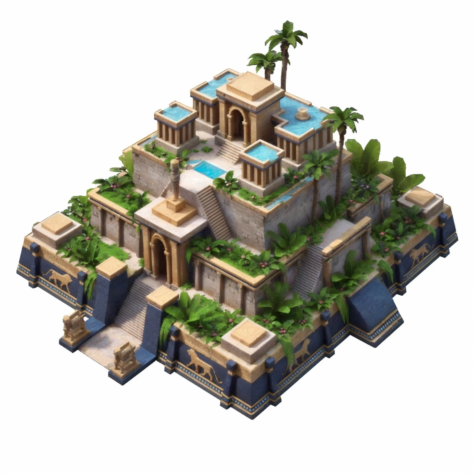 Close up of a small building with a swimming pool and palm trees, Ancient City landscape, isometric palace, Ancient Temple, Ancient City, isometric 8k, 3D rendering style, Isometric game assets, Egyptian Background, Desert Temple, Fortress Megastructure City, Isometric 3d fantasy island, Egyptian Environment, Colorful city, 3D Video Game Rendering