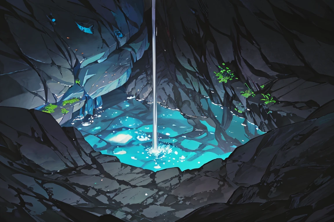 summer, blue lava rock area, blue lava rock formation, (illustration : 1.0), Narrative composition, realistic lighting, HD detail, masterpiece, best quality best, (Highly detailed CG integrated 8k wallpaper), wide and flat rocky area, A small, sharp, rough rock at the top of the screen., Blue liquid flowing through a crevice in the rock,