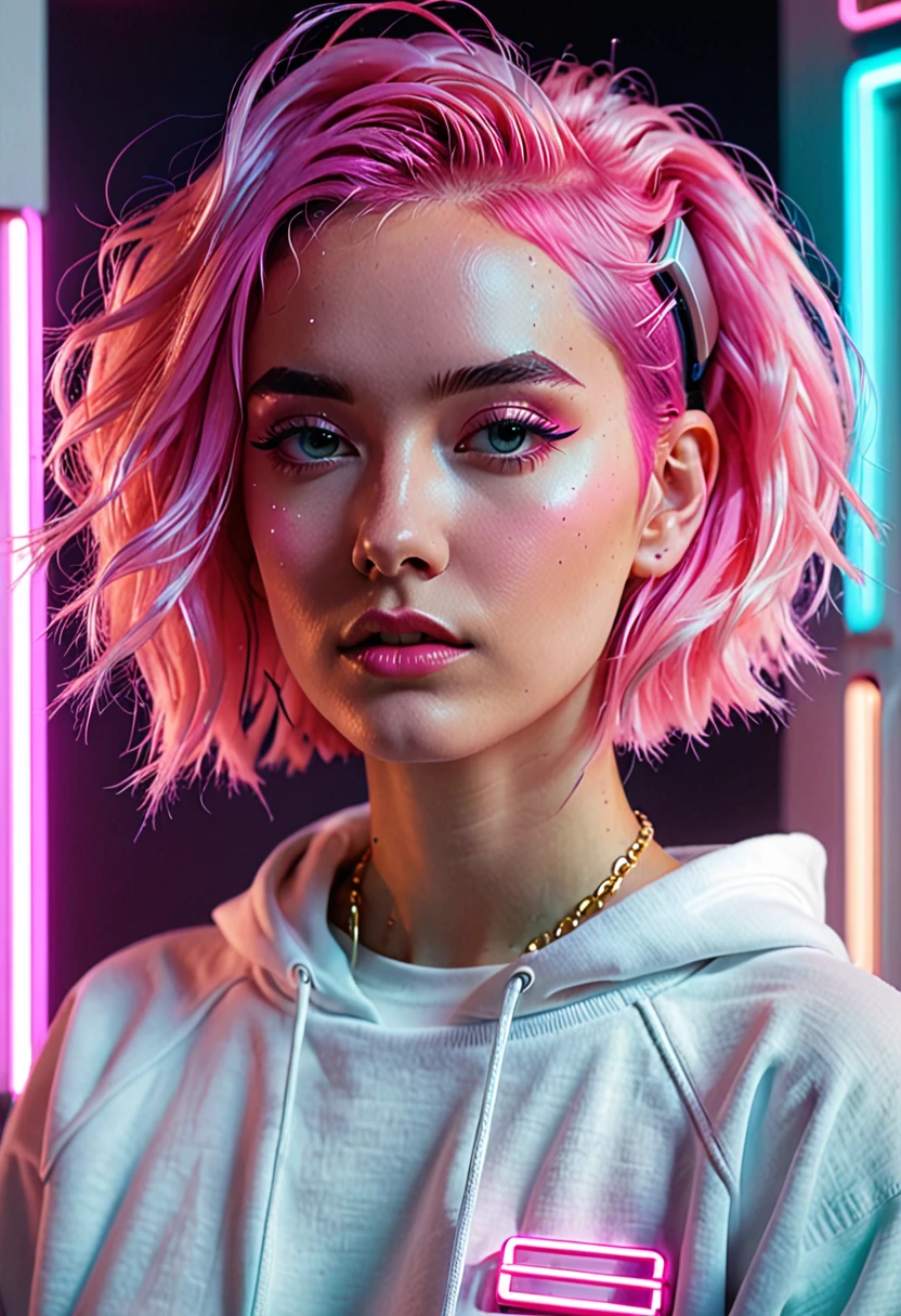 
arafed woman with pink hair wearing écouteurs and a white sweatshirt, pink écouteurs, éclairage pastel cinématographique, with écouteurs, girl wearing écouteurs, écouteurs, mélange hybride de style Beeple, synthwave pastel, style synthwave rose rétro, écouteurs on, portrait doux 8 k, fille cyberpunk rêveuse, beeple et jérémie ketner, avec des écouteurs