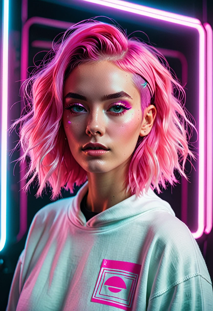 arafed woman with pink hair wearing écouteurs and a white sweatshirt, pink écouteurs, éclairage pastel cinématographique, with écouteurs, girl wearing écouteurs, écouteurs, mélange hybride de style Beeple, synthwave pastel, style synthwave rose rétro, écouteurs on, portrait doux 8 k, fille cyberpunk rêveuse, beeple et jérémie ketner, avec des écouteurs