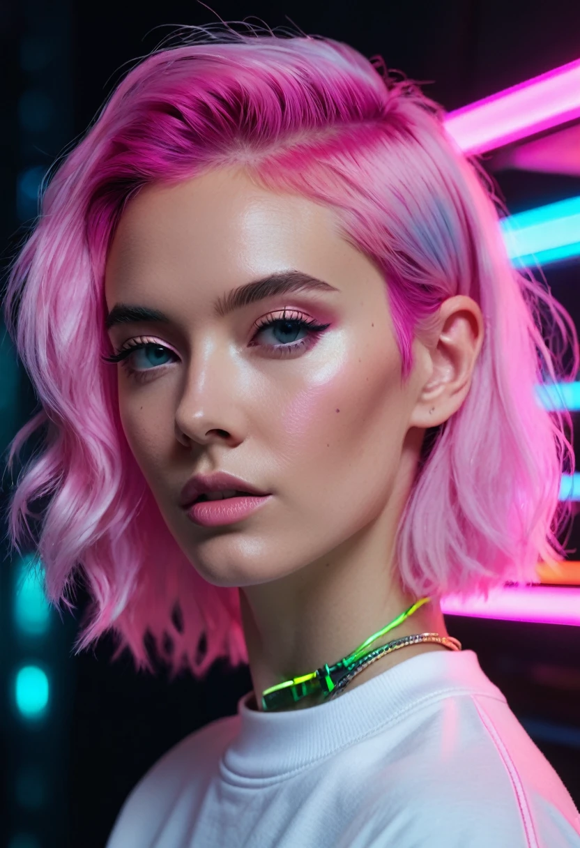 
arafed woman with pink hair wearing écouteurs and a white sweatshirt, pink écouteurs, éclairage pastel cinématographique, with écouteurs, girl wearing écouteurs, écouteurs, mélange hybride de style Beeple, synthwave pastel, style synthwave rose rétro, écouteurs on, portrait doux 8 k, fille cyberpunk rêveuse, beeple et jérémie ketner, avec des écouteurs