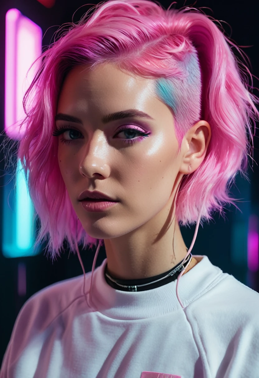 
arafed woman with pink hair wearing écouteurs and a white sweatshirt, pink écouteurs, éclairage pastel cinématographique, with écouteurs, girl wearing écouteurs, écouteurs, mélange hybride de style Beeple, synthwave pastel, style synthwave rose rétro, écouteurs on, portrait doux 8 k, fille cyberpunk rêveuse, beeple et jérémie ketner, avec des écouteurs