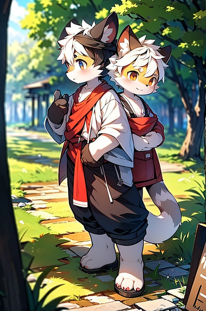Libido boy,furry wolf,((shota)), Black and white hair, Very good figure, Handsome,adolable, Light:Extreme light and shadow, Reflective skin,Reddish skin,((worn-out clothing,Commoner)) ,((grassy fields,Stone path,Signs,baiyun,独奏,独奏 person)),Outdoor sunset,((the detail)),(depth of fields),standing on your feet,Red collar,