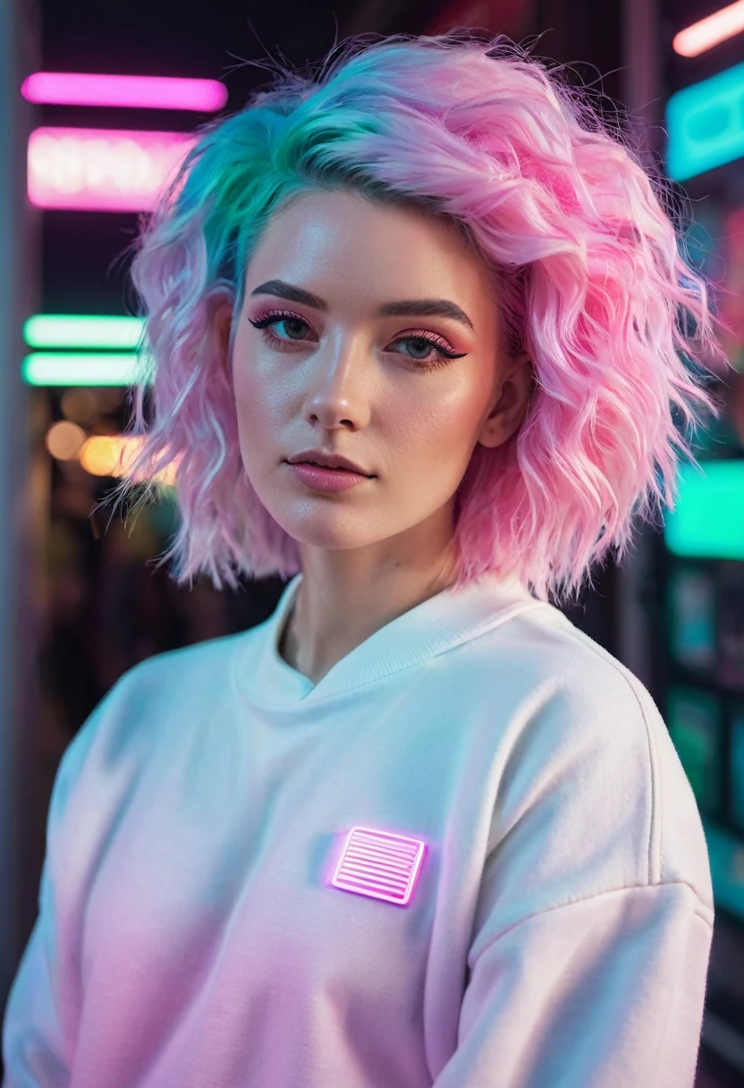 arafed woman with pink hair wearing écouteurs and a white sweatshirt, pink écouteurs, éclairage pastel cinématographique, with écouteurs, girl wearing écouteurs, écouteurs, mélange hybride de style Beeple, synthwave pastel, style synthwave rose rétro, écouteurs on, portrait doux 8 k, fille cyberpunk rêveuse, beeple et jérémie ketner, avec des écouteurs