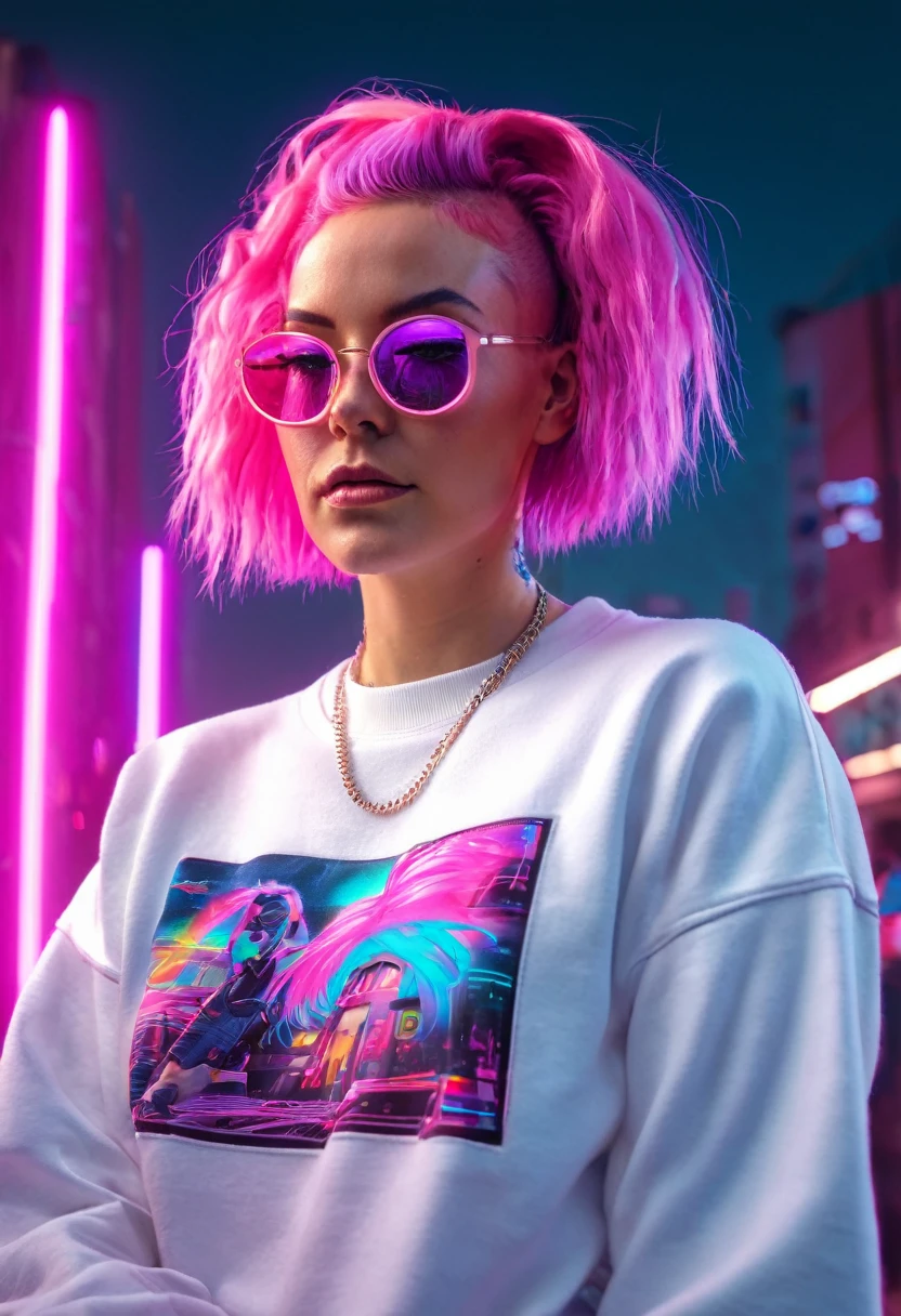 arafed woman with pink hair wearing écouteurs and a white sweatshirt, pink écouteurs, éclairage pastel cinématographique, with écouteurs, girl wearing écouteurs, écouteurs, mélange hybride de style Beeple, synthwave pastel, style synthwave rose rétro, écouteurs on, portrait doux 8 k, fille cyberpunk rêveuse, beeple et jérémie ketner, avec des écouteurs