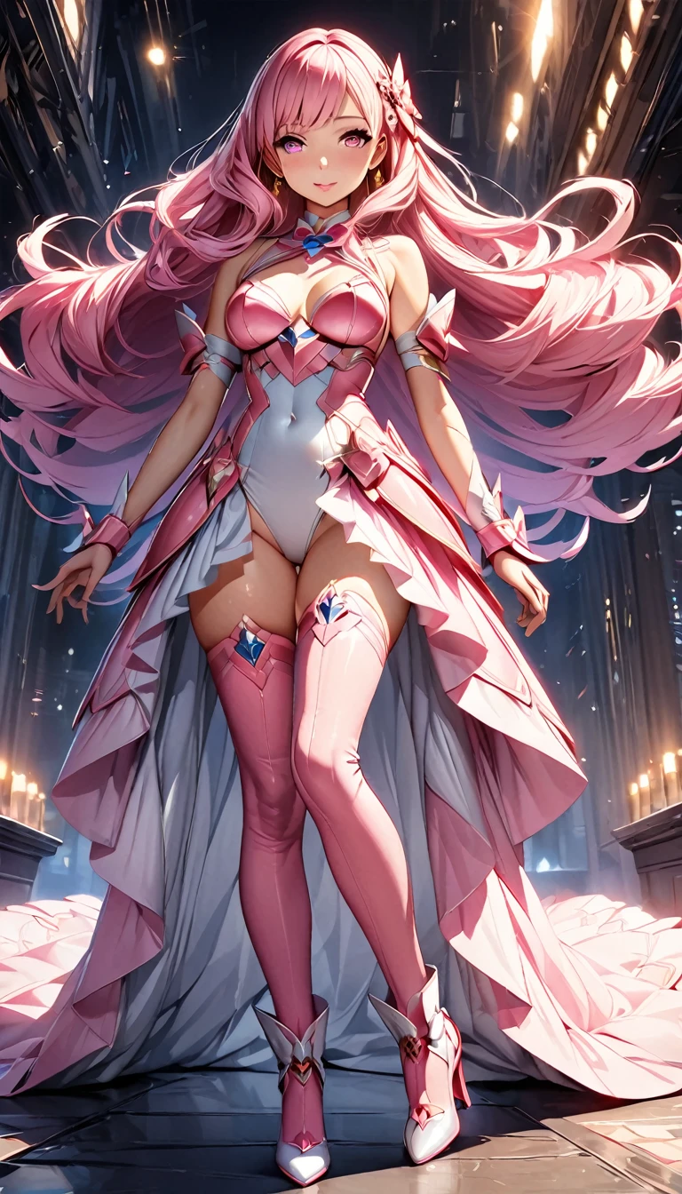 (Perfect Anatomy)、Mastepiece、Ultra High Quality、 8K、masterpiece、Highest quality、Ultra-high resolution、Maximum resolution、Very detailed、Professional Lighting、anime、woman、thin、so beautiful、Highly detailed eye、Highly detailed face、Golden earrings、Pink Hair,、Pink eyes、Mid-chest, pink lips, upper arm pink armor, white leotard, pink pattern, full body, magical girl, Angel Girl, Are standing, pink thigh high stockings, white super long boots, pink gauntlet, high heels, hands glow pink, curl inside hair, bridal hair accessory, gag