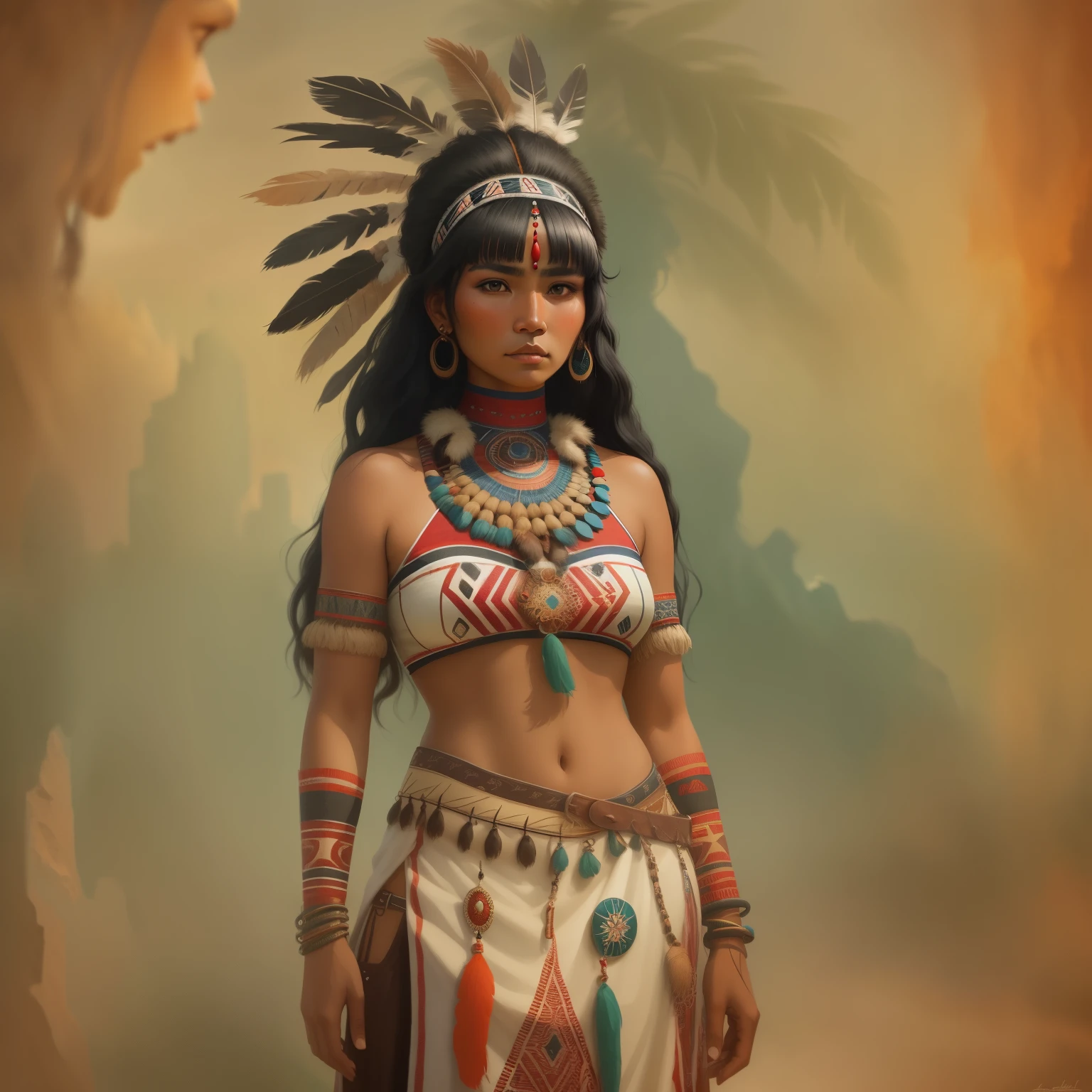 A beautiful indigenous woman, who is barely clothed, long black curly hair with bangs, pretty face, highly detailed image, Symmetry, fantasy art