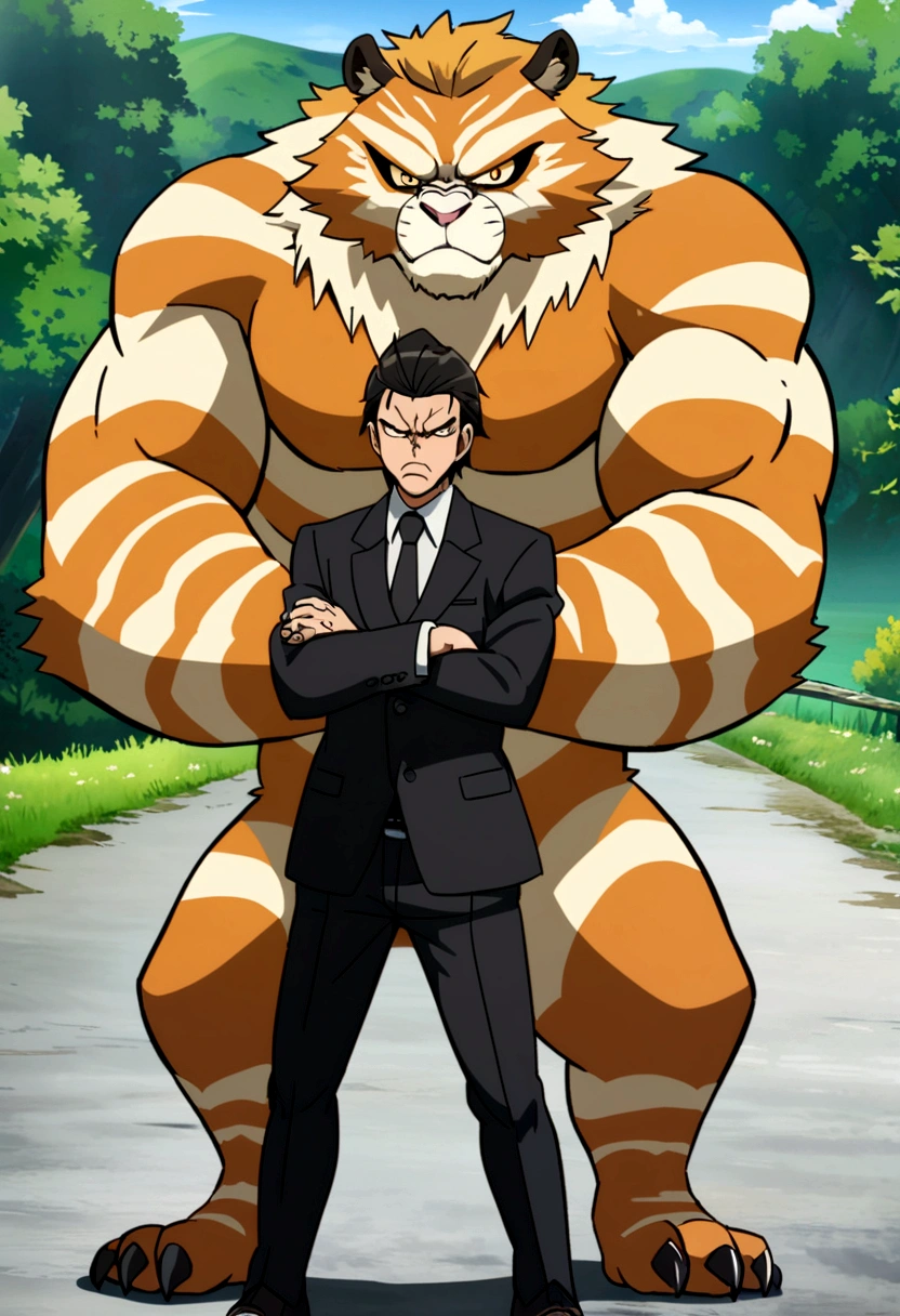 A large tiger beastman wearing a black suit is glaring with his arms folded, Japanese manga-style anime picture, country road
